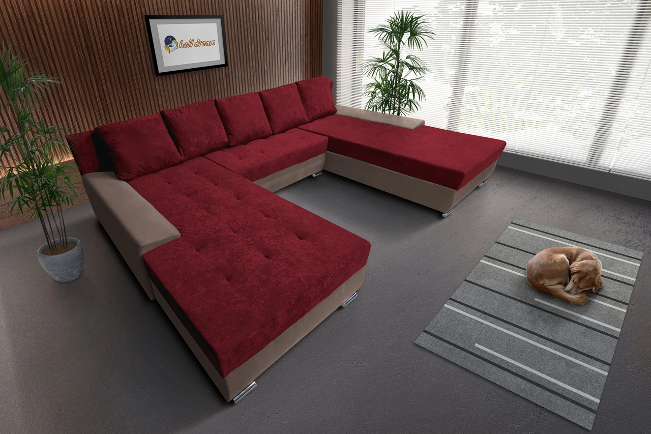 Wixy Giga u alakú kanapé pasztell taupe és antik rubintvörös színben 405 x 225