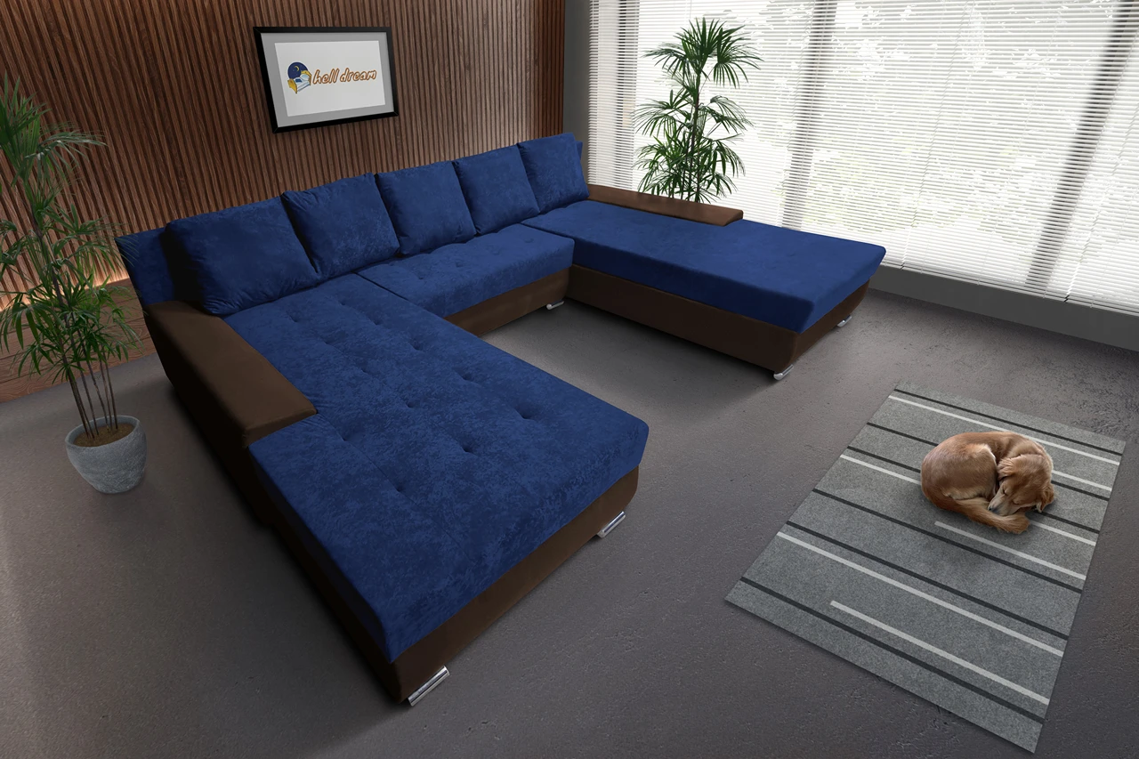 Wixy Giga u alakú kanapé sötét mahagóni és mély búzavirágkék színben