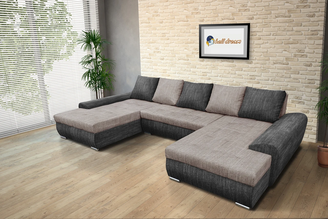 Wixy U Form ágyazható ülőgarnitúra sötét szürke és világos barna zsákszövettel