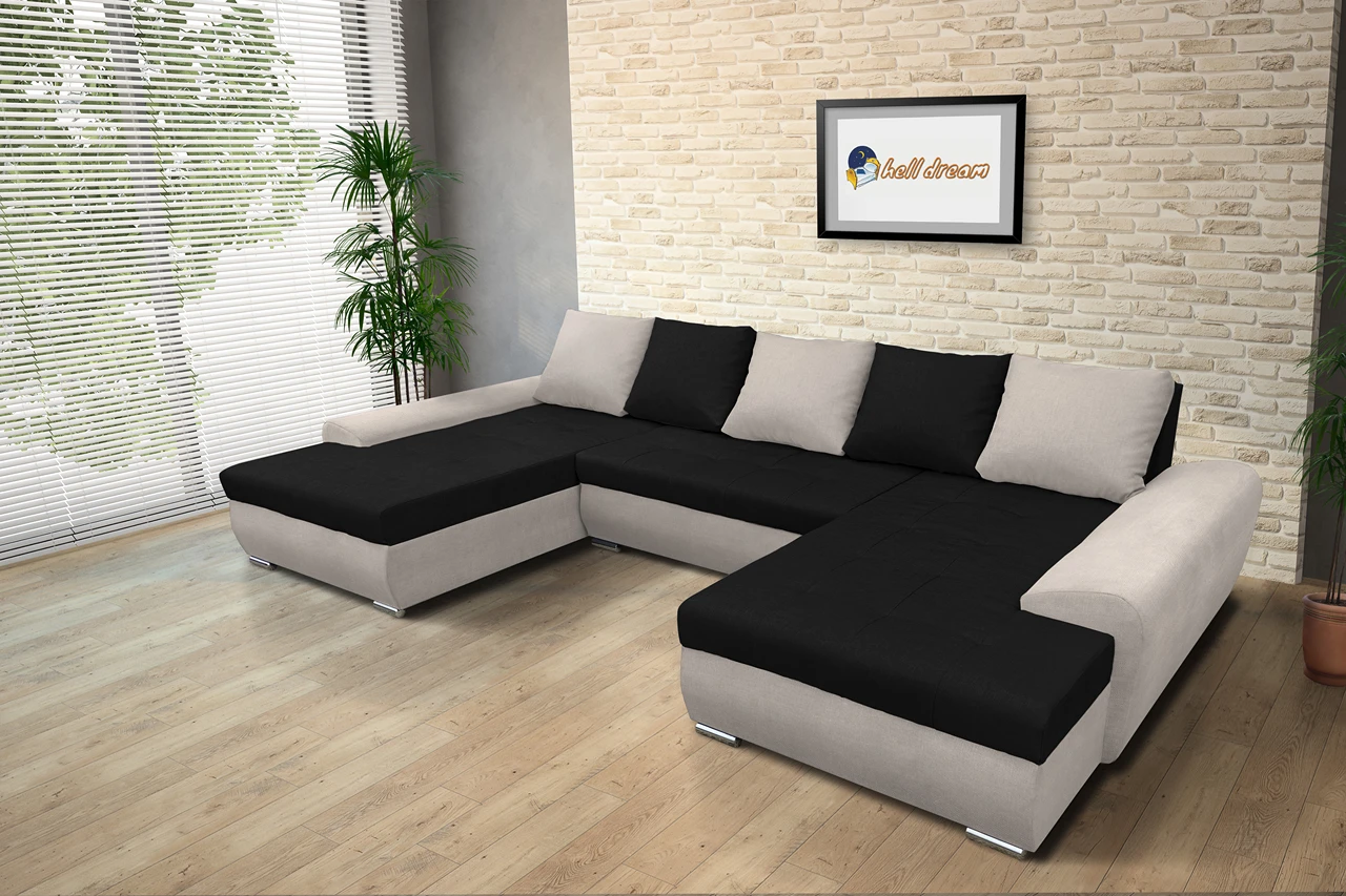 Wixy U Form ezüst serlegszürke és fekete ágyazható ülőgarnitúra