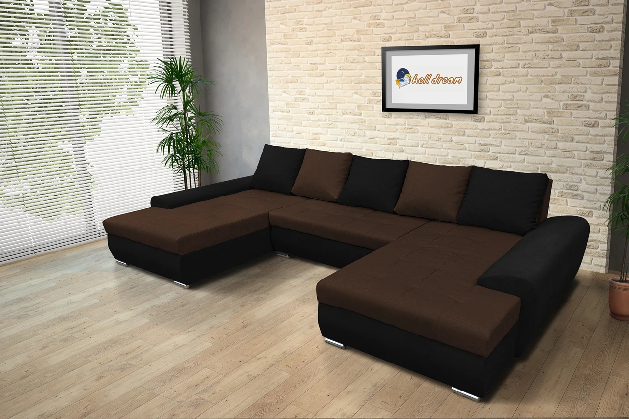 Wixy U Form fekete és sötét mahagóni ágyazható ülőgarnitúra