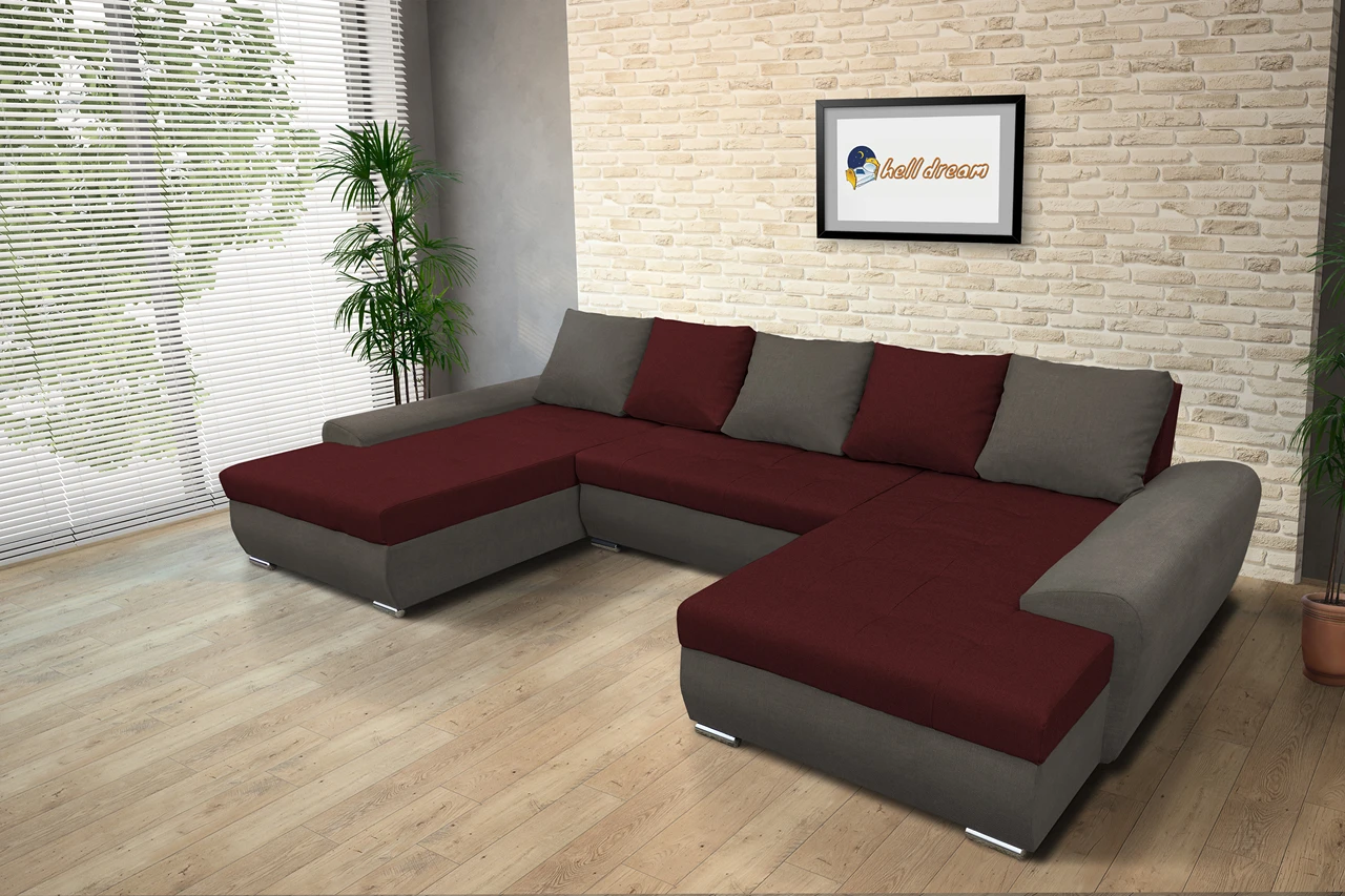 Wixy U Form mély földszürke és ódon borvörös ágyazható ülőgarnitúra