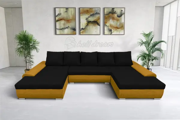 Wixy u form őszarany és fekete ágyazható ülőgarnitúra