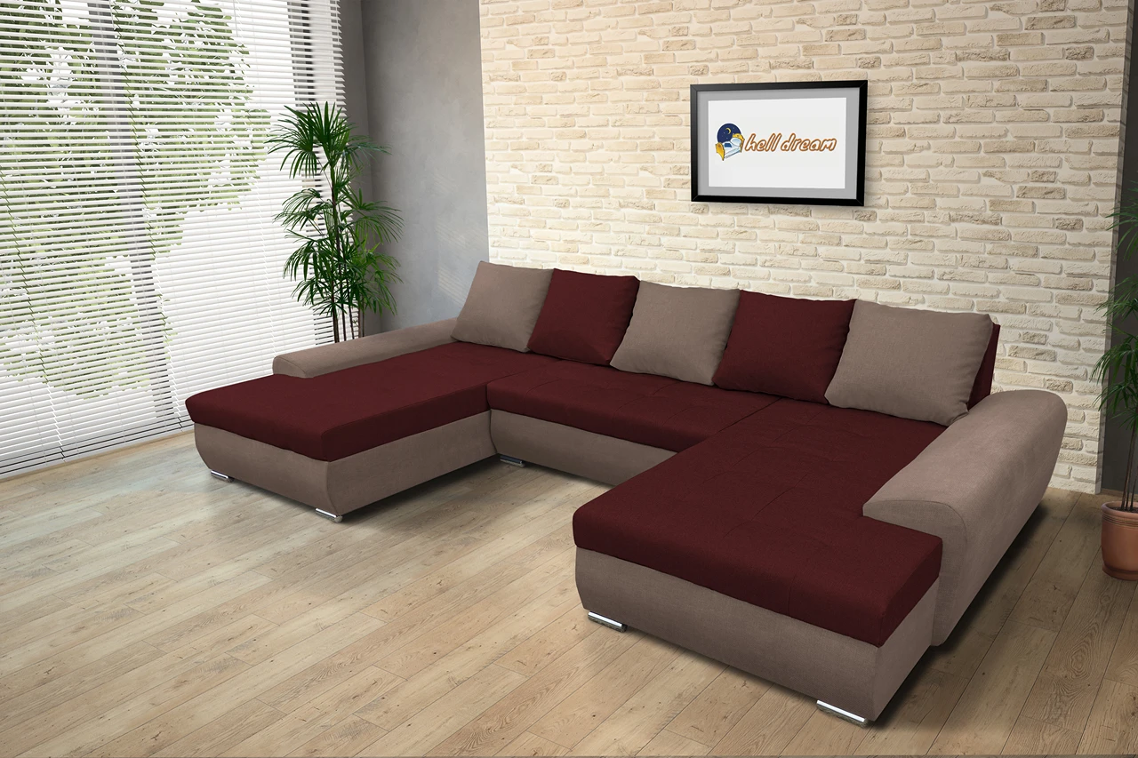 Wixy U Form pasztell taupe és ódon borvörös ágyazható ülőgarnitúra