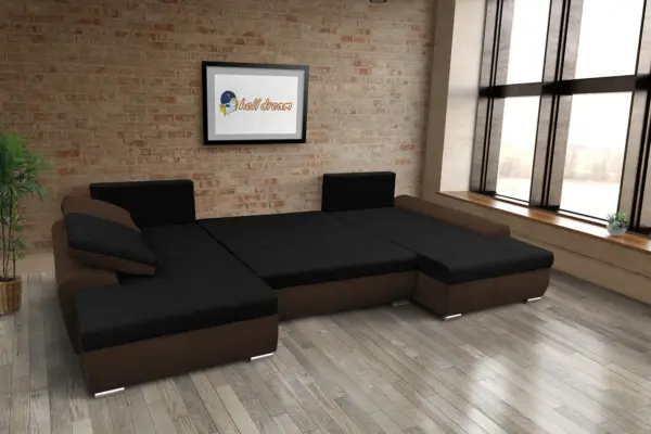 Wixy u form sötét mahagóni és fekete ágyazható ülőgarnitúra