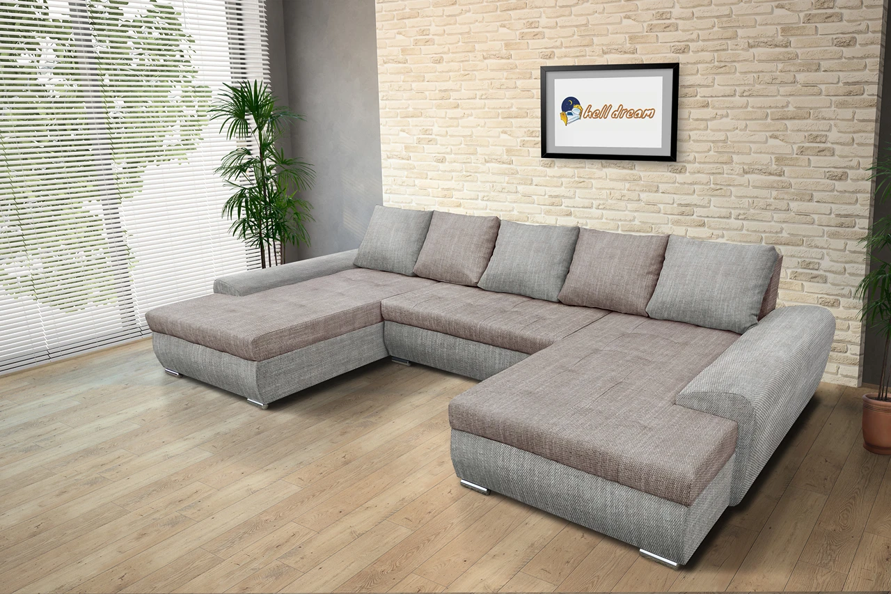 Wixy U Form világos szürke és világos barna zsákszövet ágyazható ülőgarnitúra