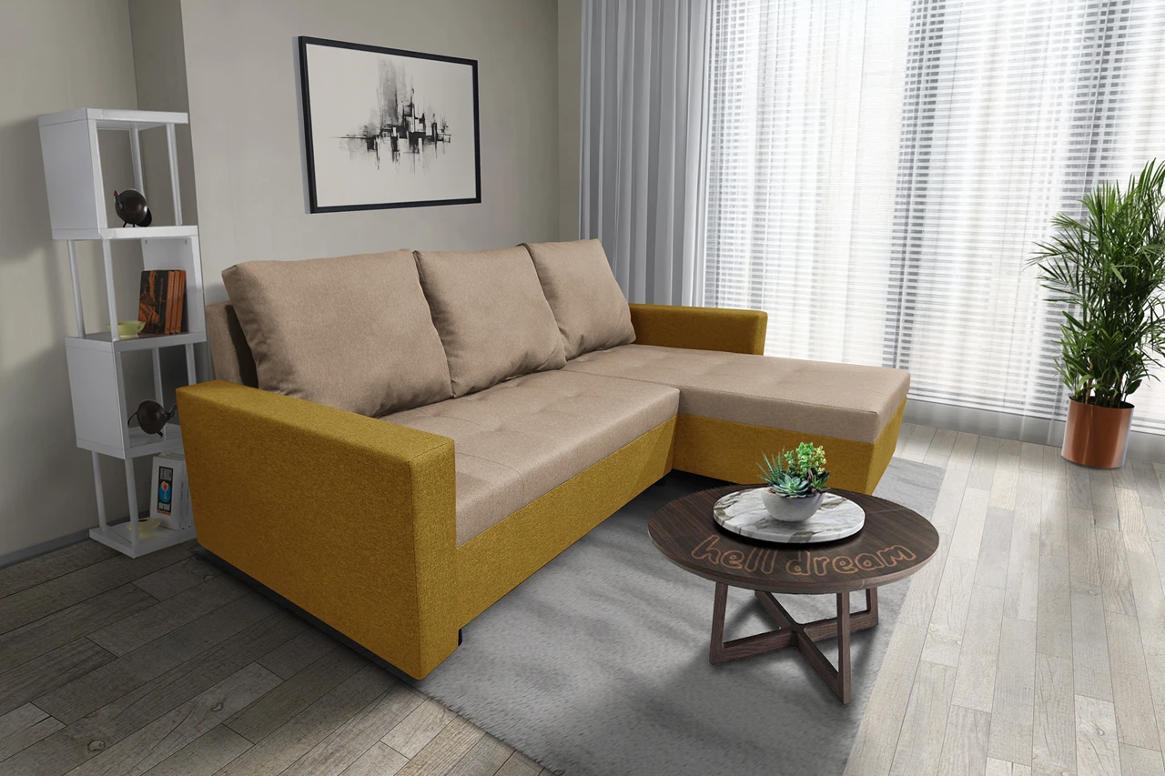 Fáraó sarokkanapé őszarany és világos fahéj színű szövet
